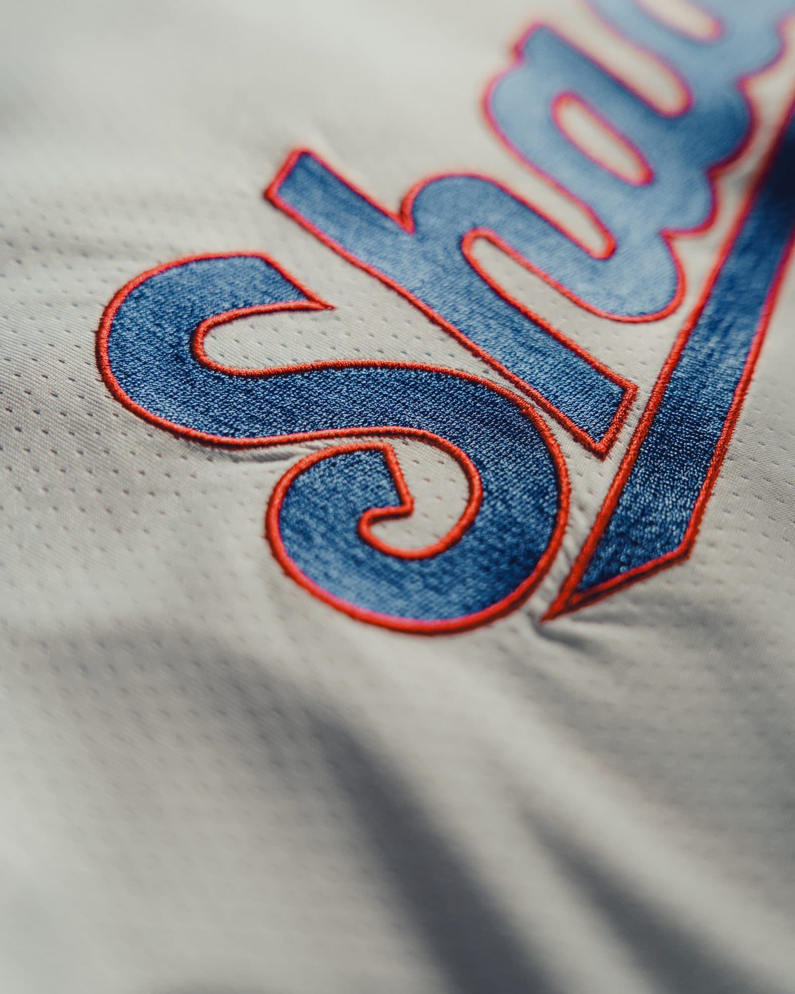 Close-up of Shady embroidered in blue script outlined in red on pale grey mesh fabric.