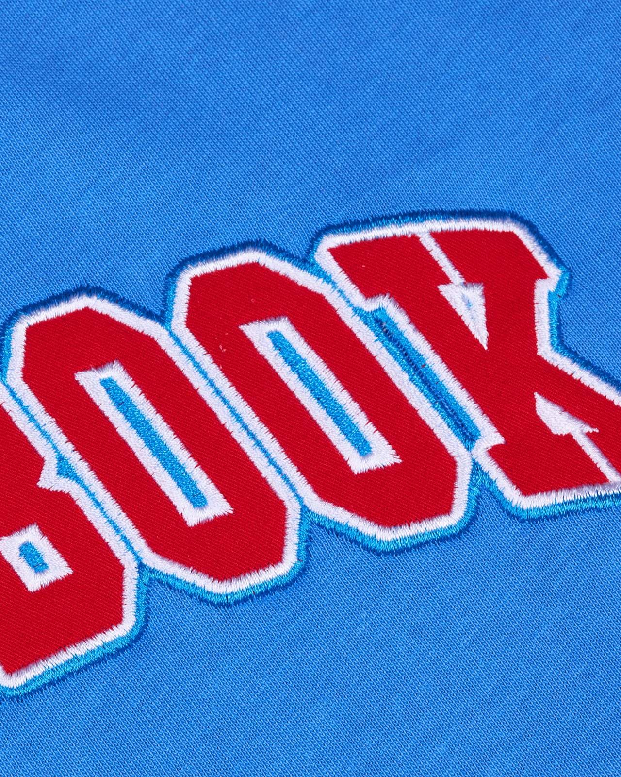 Close-up of red appliqué letters ending in BOOK on blue knit fabric, edged in white and light blue stitching.