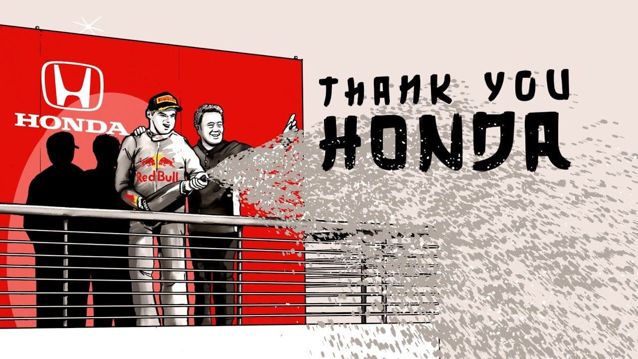A drawing of a racing driver spraying from a bottle on a podium beside a smiling man, in front of a red wall with the Honda logo, and THANK YOU HONDA in black brush letters.