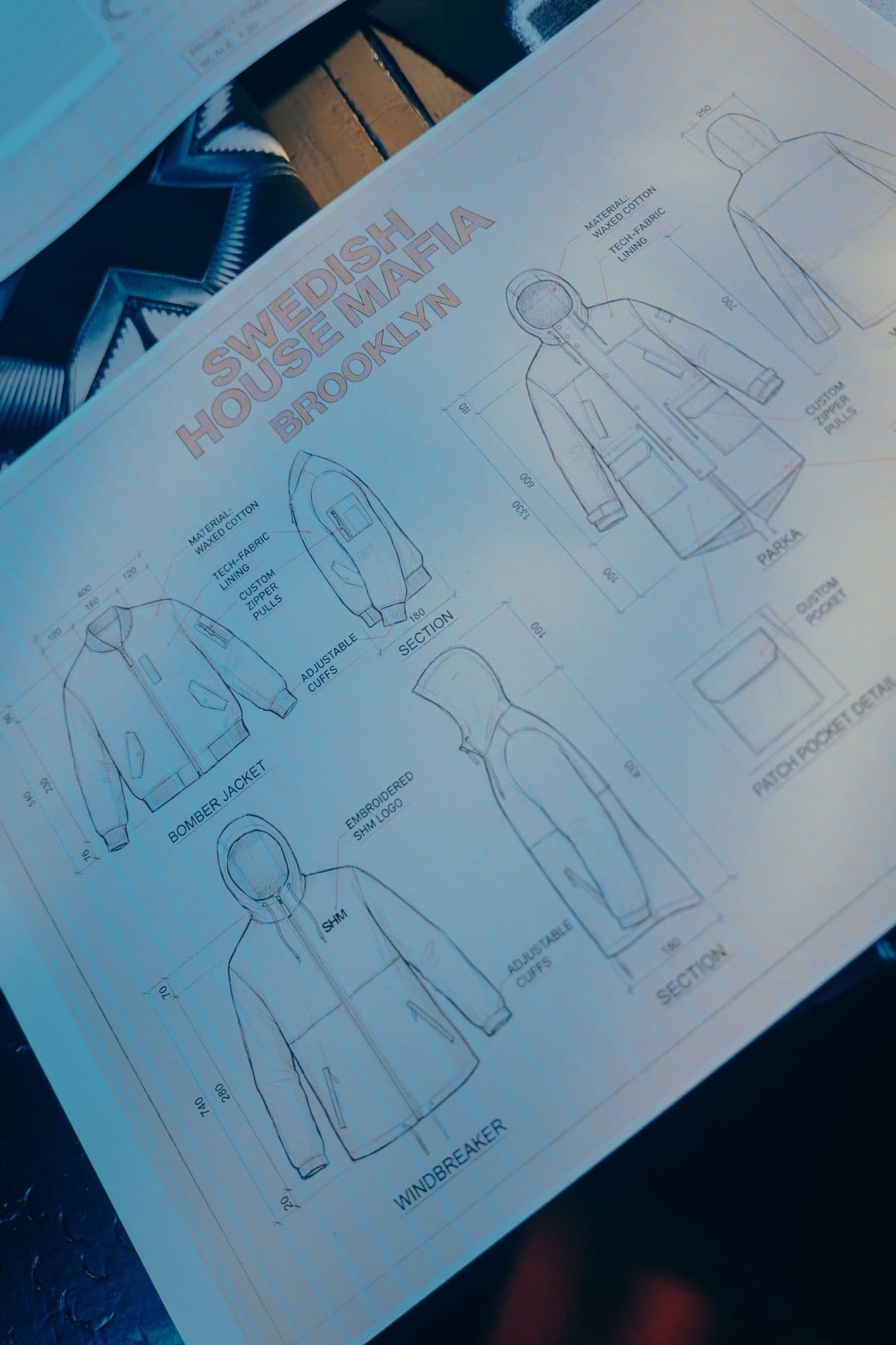 Swedish House Mafia Brooklyn outerwear tech sheet with sketch-style drawings of a bomber jacket, parka and windbreaker, section views and a patch pocket detail.